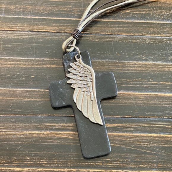 Leather cross necklace w/ brushed silver wing - Picture 1 of 4